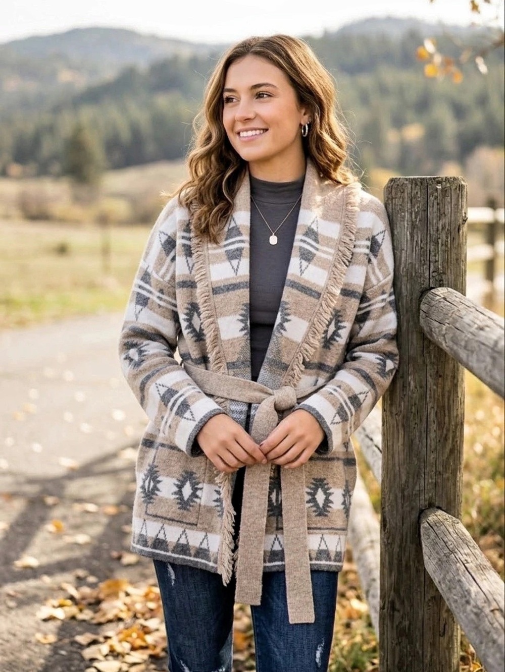 Tahari Belted Aztec Cardigan Sweater Brown & Gray Medium